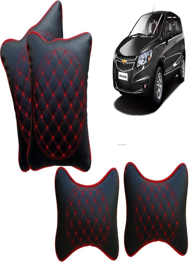 Selifaur Black and Red Double Quilted Car Cushion and Neck Rest Pillow Set of 4 for UVA - Image 1